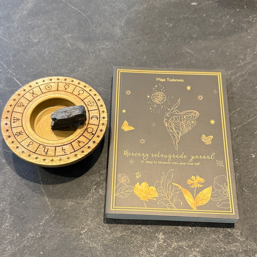 Mercury Retrograde Journal with Gold Accents, Incense Holder and Tourmaline